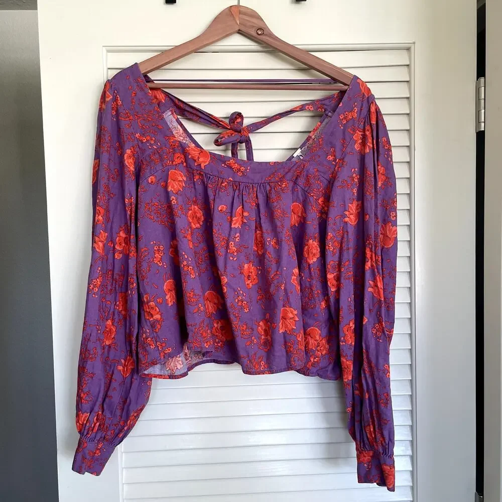 Free People Floral Orchid Purple Linen Blend Tie Back Blouse M Boho Cottagecore